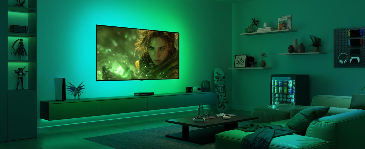 Soggiorno con TV a parete, illuminazione verde e accessori per il gaming.