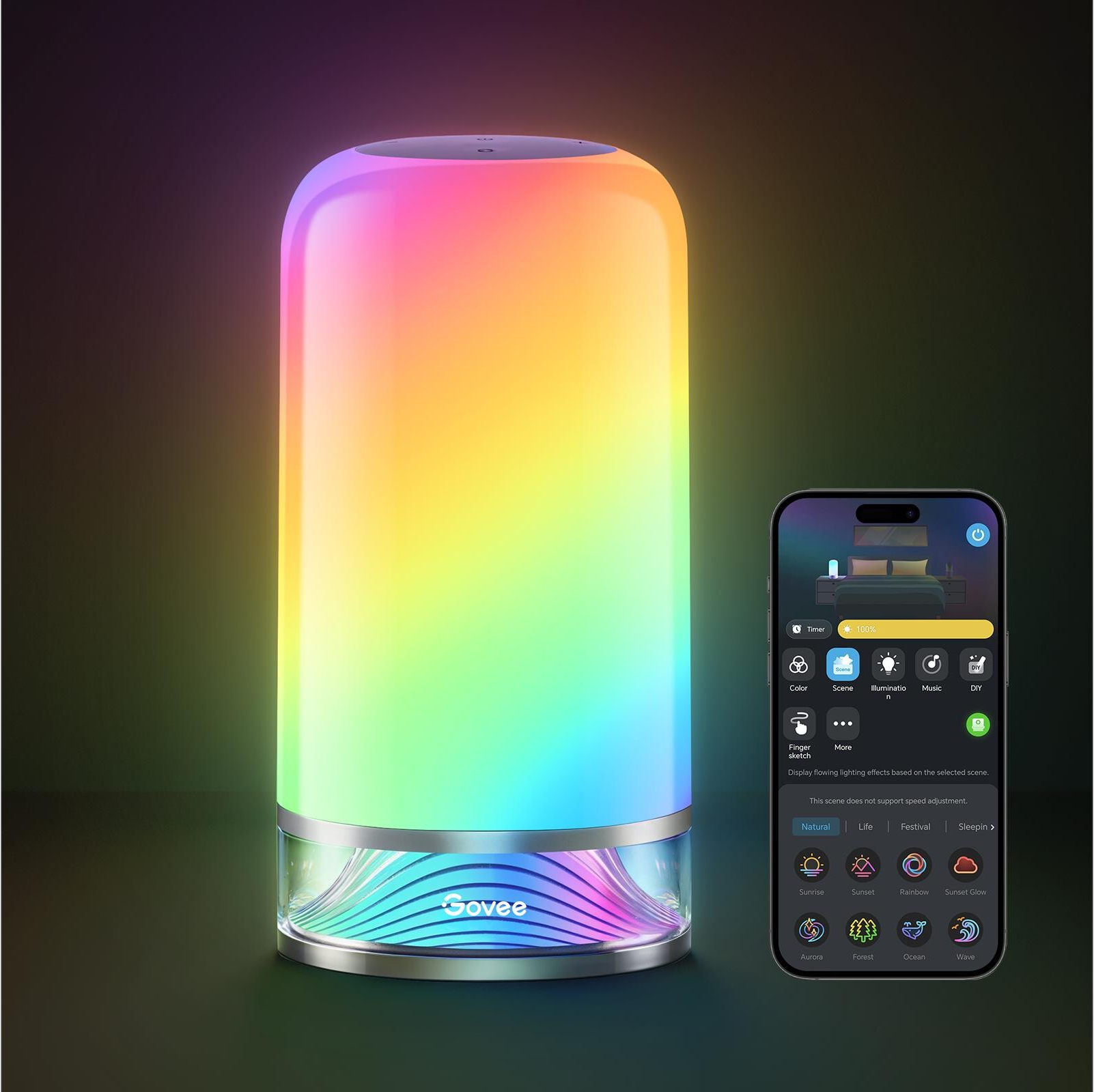 Una lampada che cambia colore e uno smartphone con opzioni di controllo.