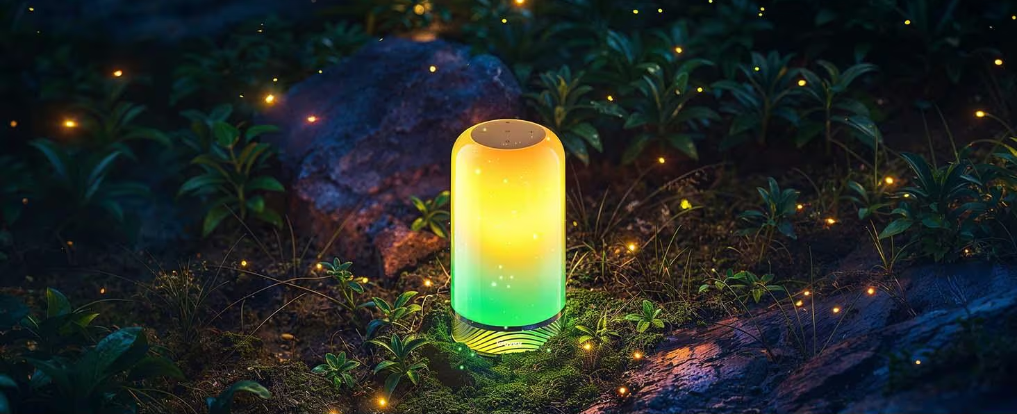 Lampada cilindrica luminosa, sfumatura dal giallo al verde, circondata da piante.