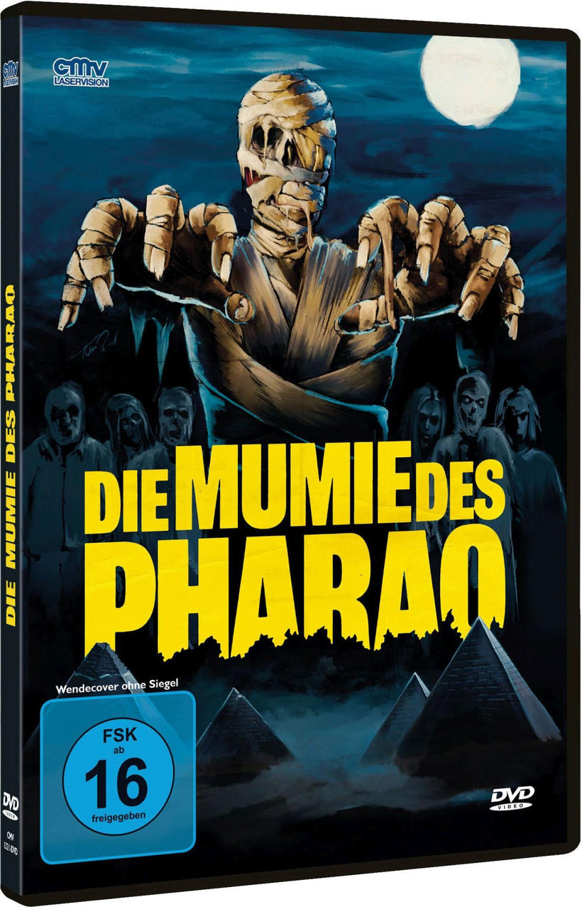 DVD-Cover, Film Die Mumie des Pharao. Mumienbild, blauer Hintergrund, Text auf Deutsch.