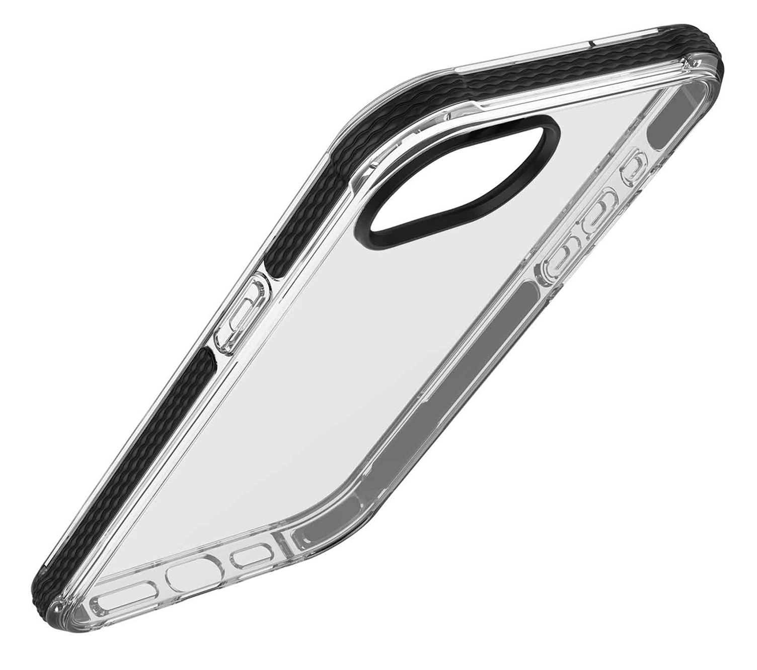 Funda transparente para teléfono. Plástico transparente con bordes negros.