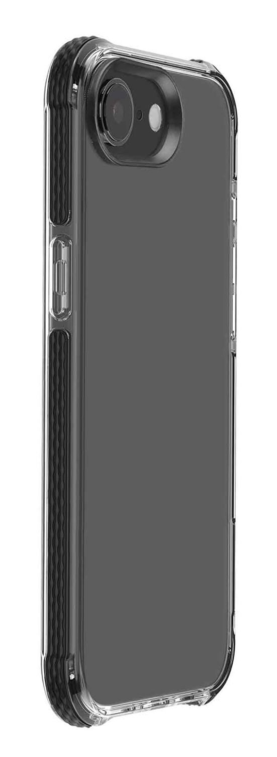 Funda transparente para teléfono. Bordes negros. Cámara trasera.