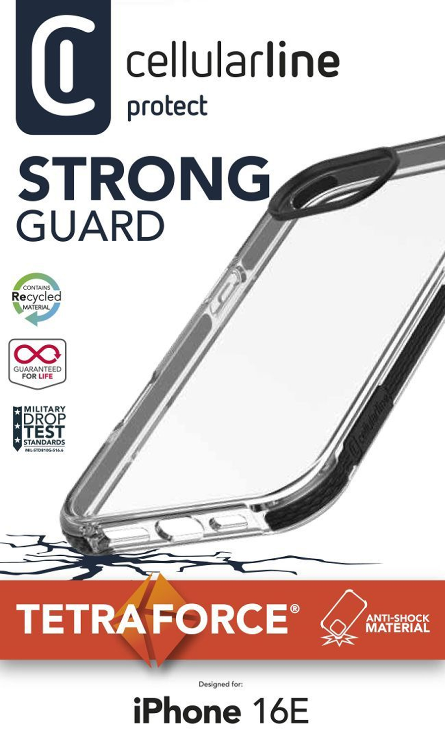 Funda transparente para teléfono con texto 'STRONG GUARD' y 'TETRAFORCE'.  'iPhone 16E' impreso.