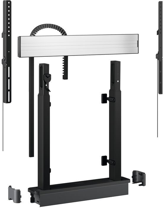 Ein TV-Montagesystem, zerlegt. Enthält schwarze Metallteile.