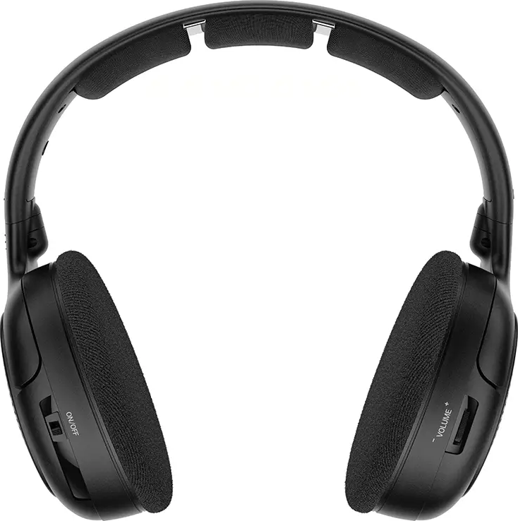 Casque noir avec écouteurs et bandeau. Interrupteur marche/arrêt et boutons de volume.