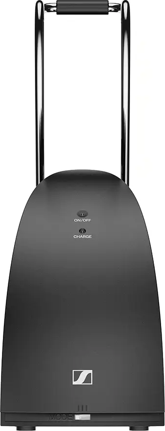 Station de recharge Sennheiser noire avec un design élégant et deux poignées en métal argenté.