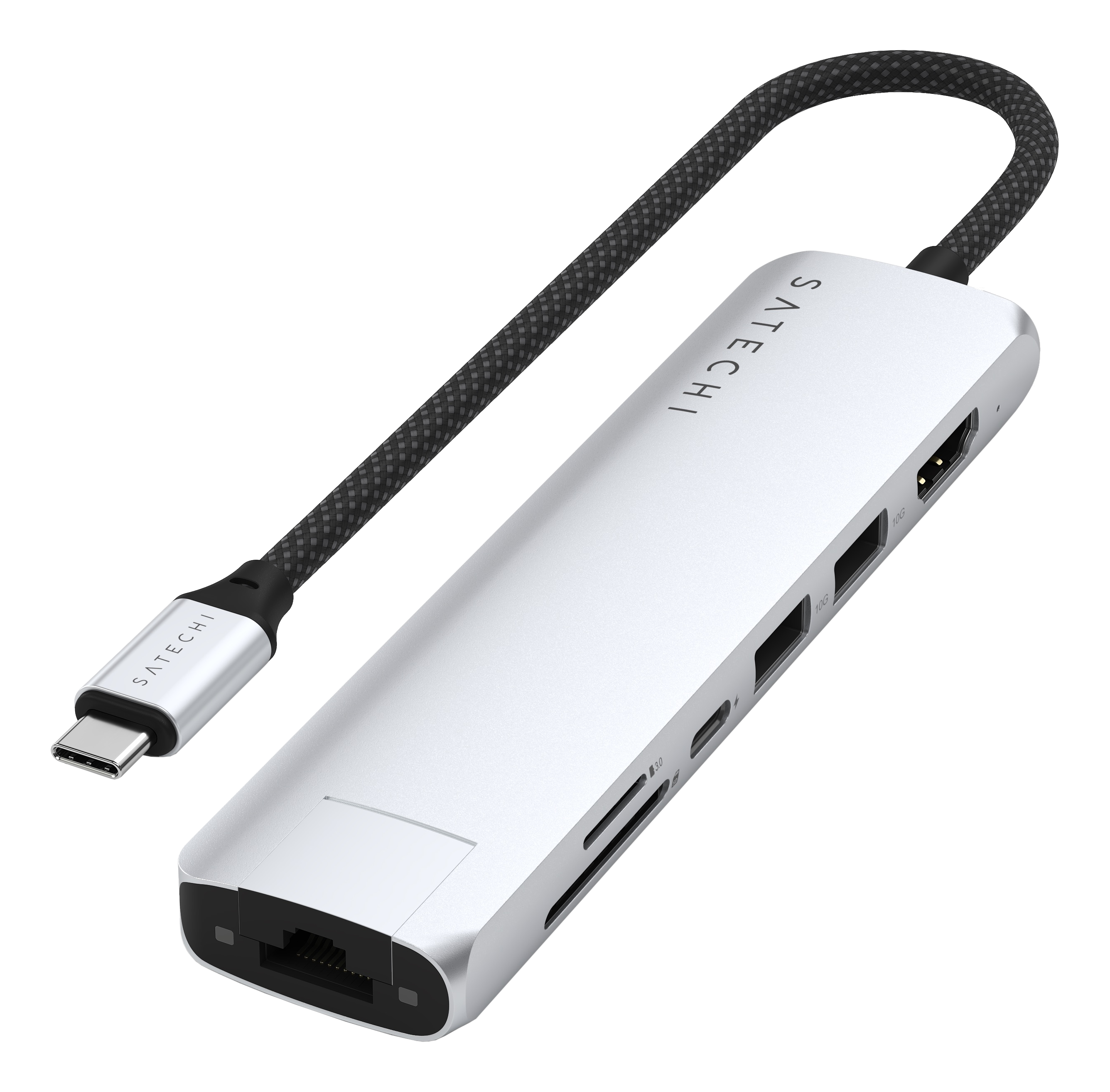 Hub USB-C Satechi argento con più porte e cavo intrecciato.