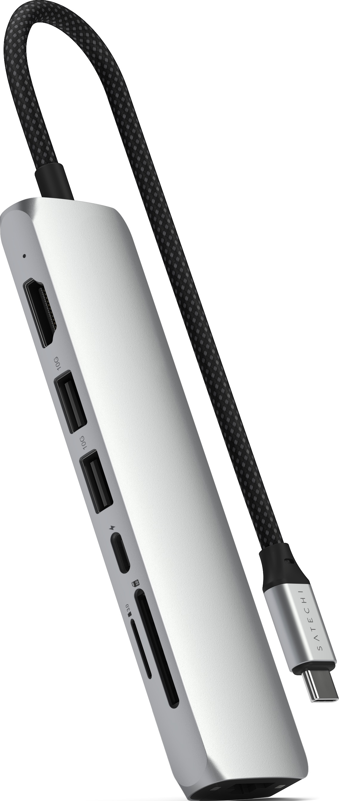 Hub USB-C Satechi argentato con più porte e cavo nero.