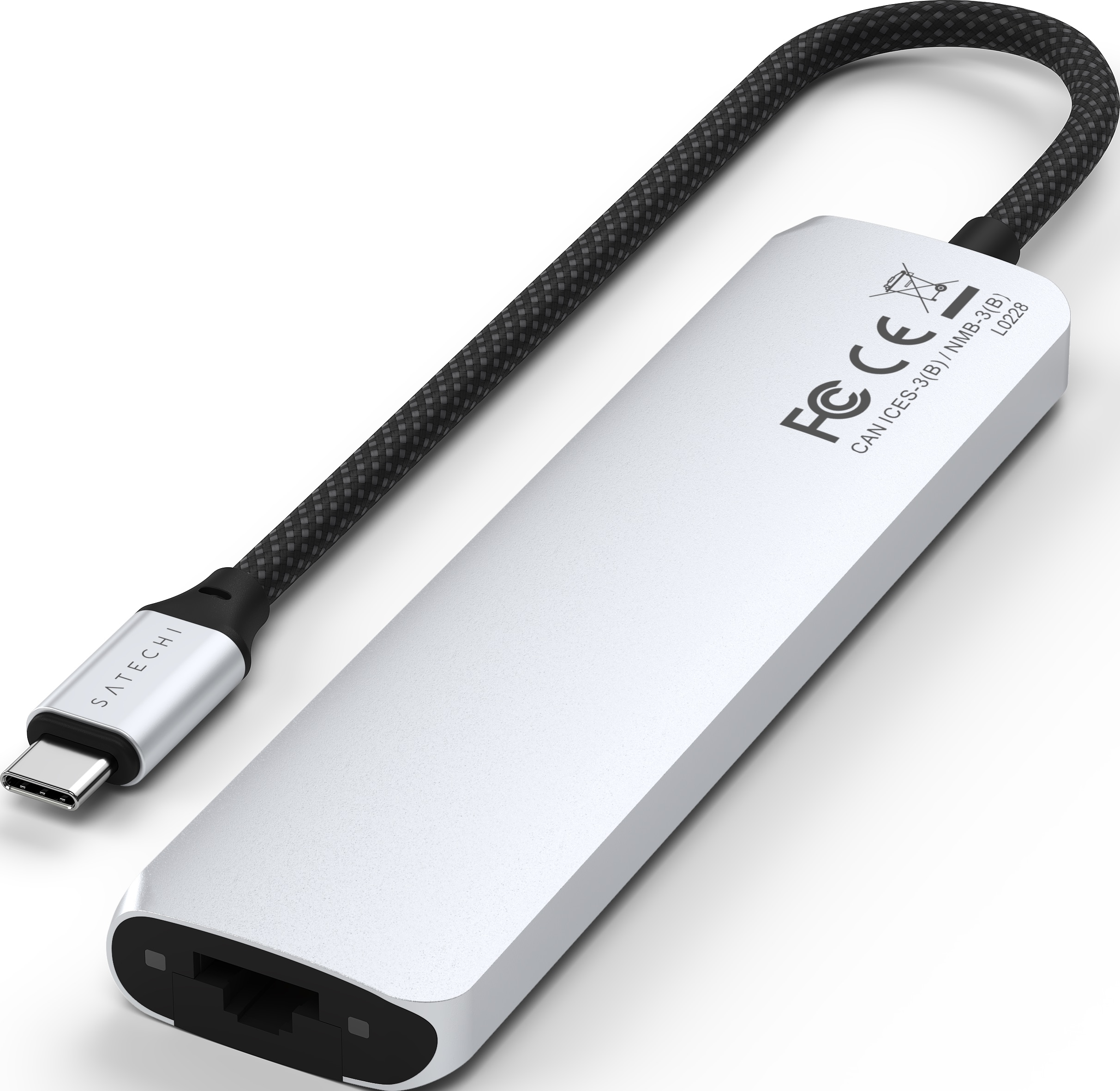 Adattatore argento con USB-C e porta ethernet. Cavo nero.
