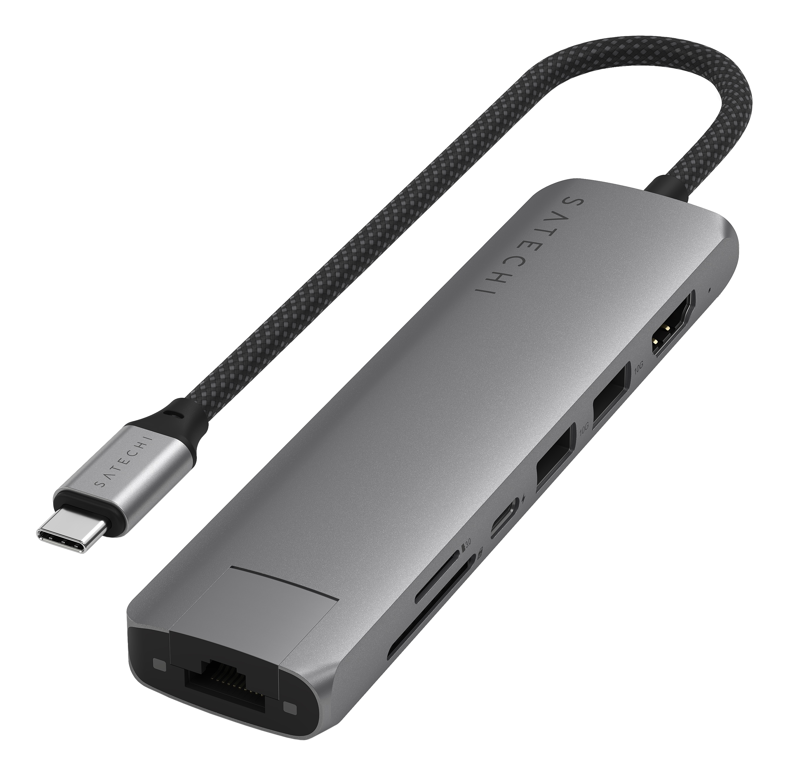 Ein grauer Satechi USB-C Hub mit mehreren Anschlüssen, darunter USB, HDMI und Ethernet.