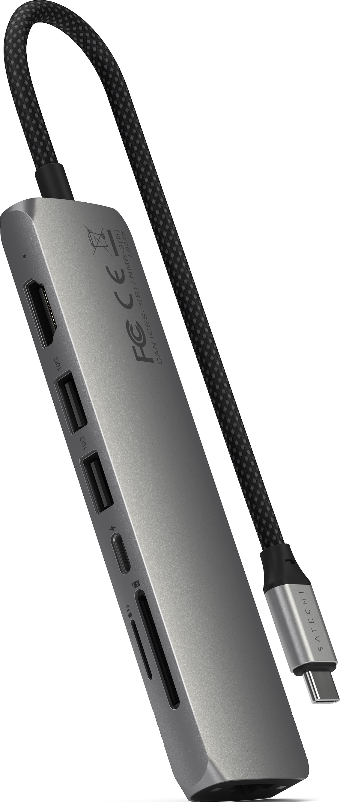 Silberner USB-C-Hub mit mehreren Anschlüssen und Kabel.