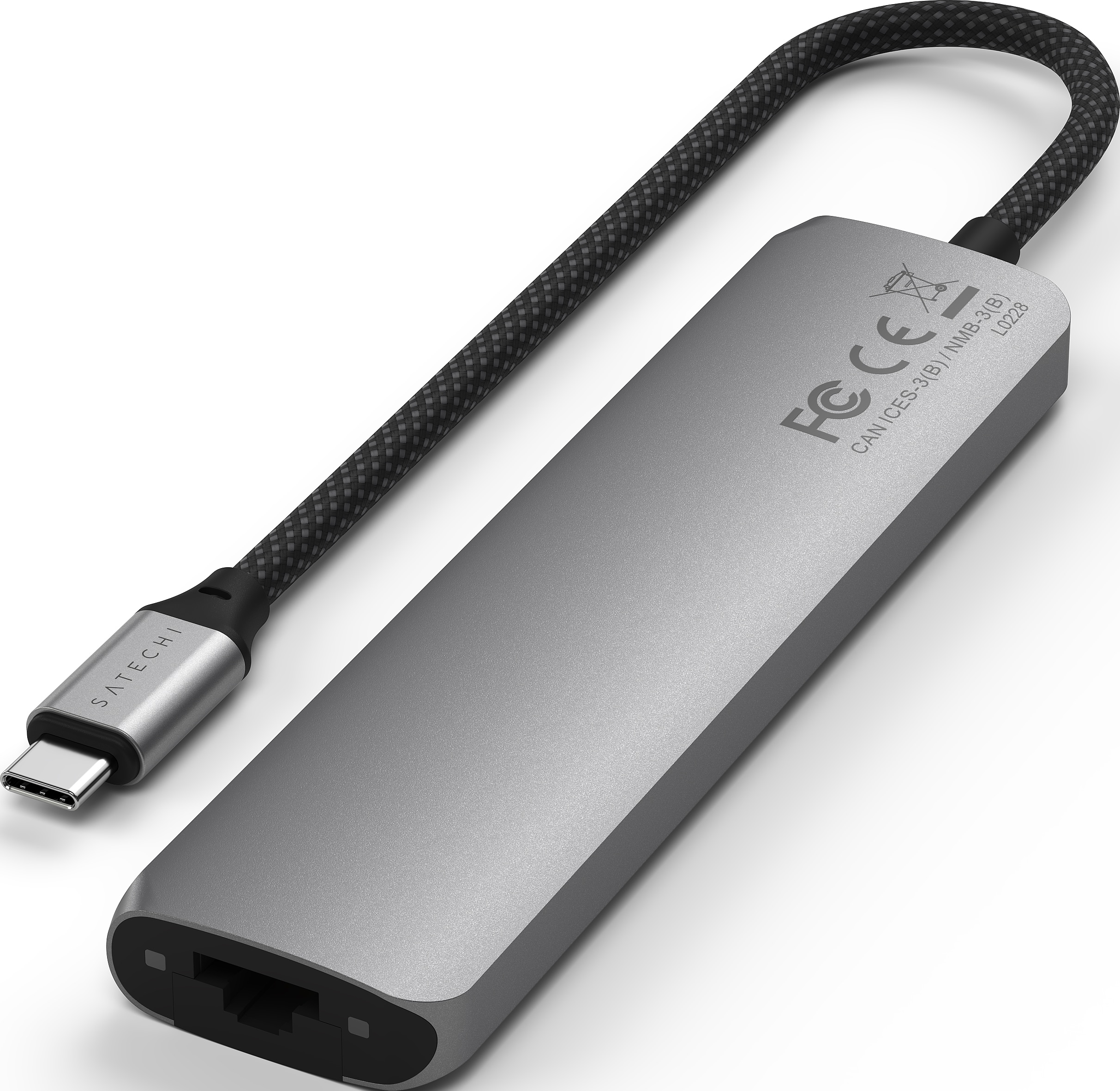 Silberner Adapter mit USB-C- und Ethernet-Anschluss. Schwarzes Kabel.