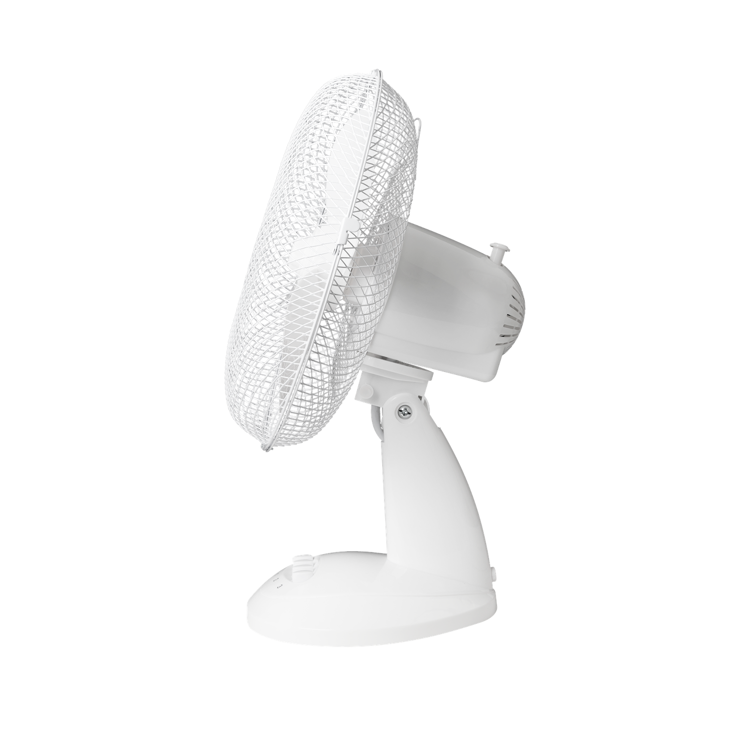 A white electric fan. It is set on a white background and is viewed from the side.