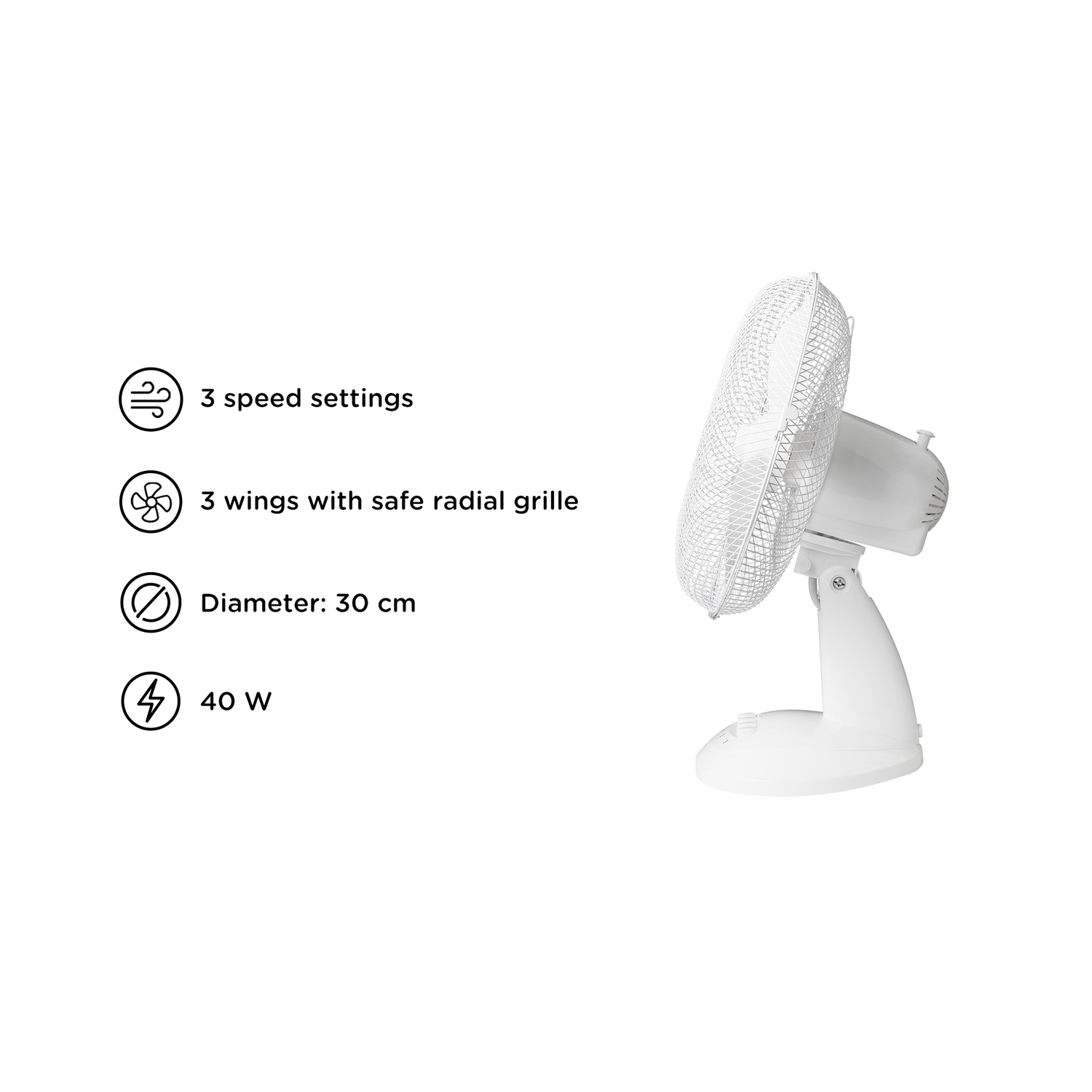 White electric fan with information icons on a white background.