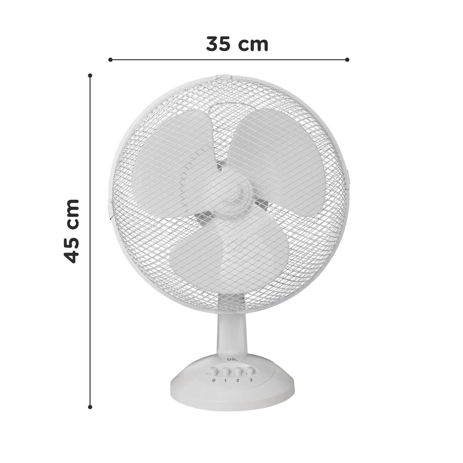 White fan with a protective grill. Dimensions in cm are shown.