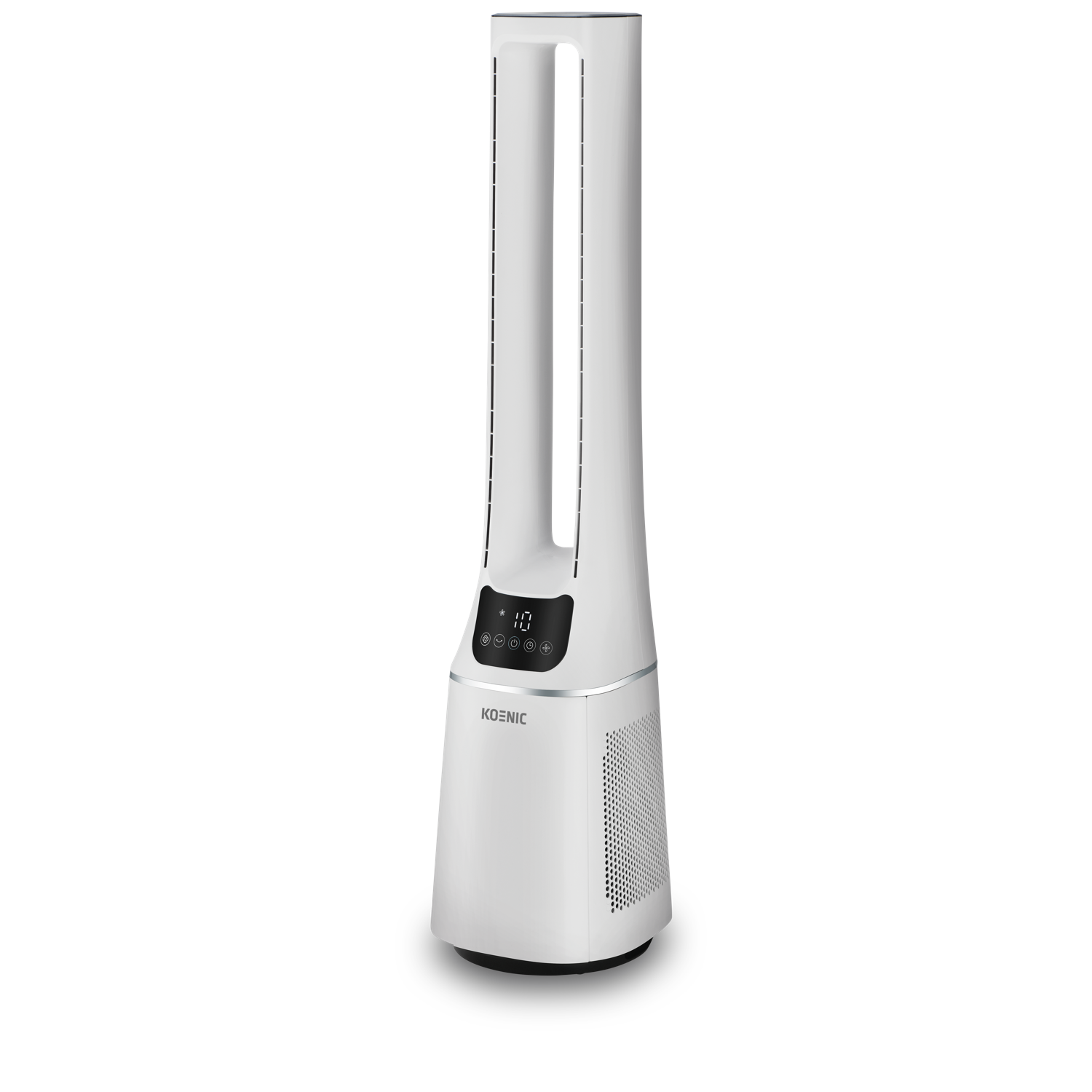 Witte Koenic-ventilator met een digitaal display en een zilveren voet. De ventilator staat op een zwarte achtergrond.