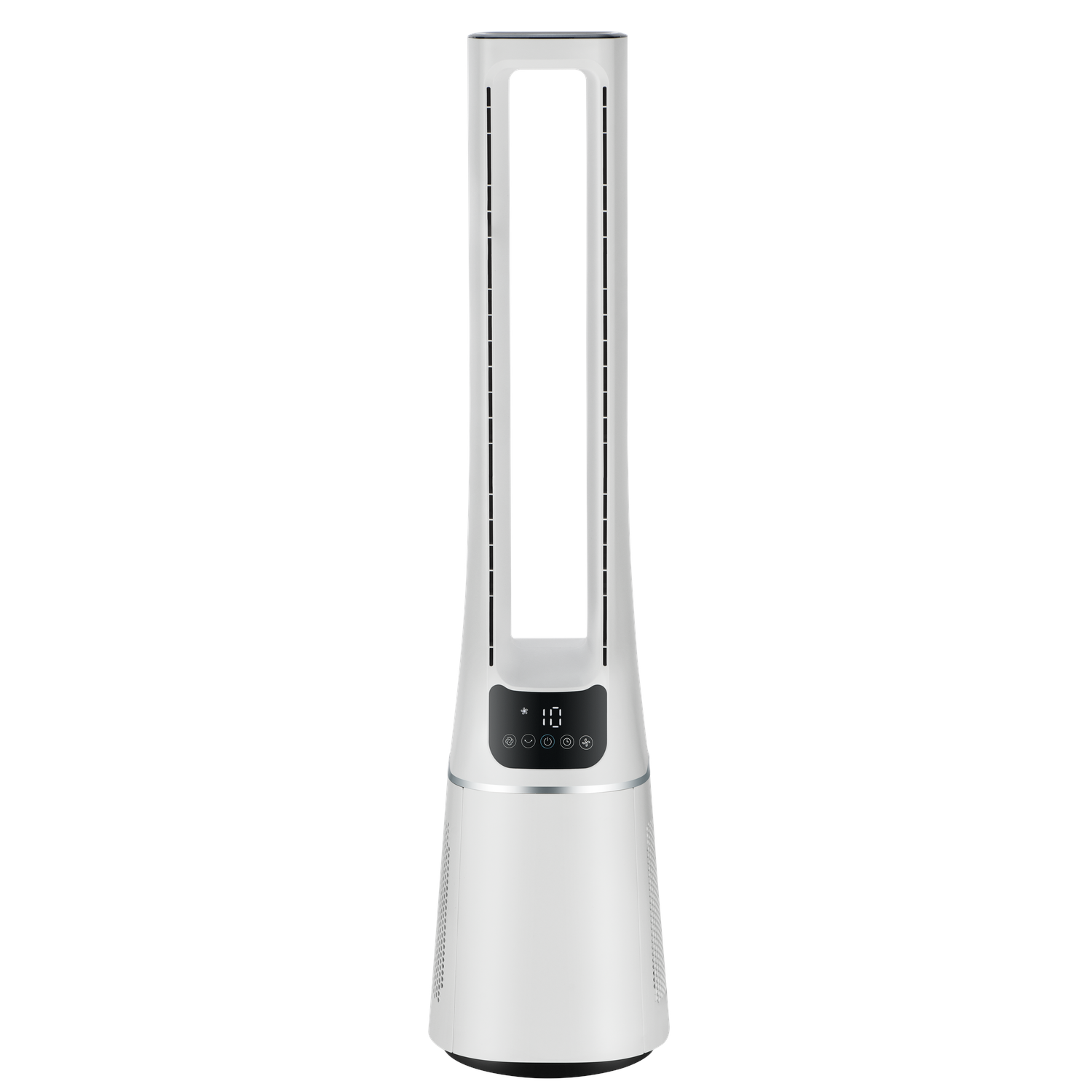 Hoge witte torenventilator. Het heeft een digitaal display en een zilveren voet.