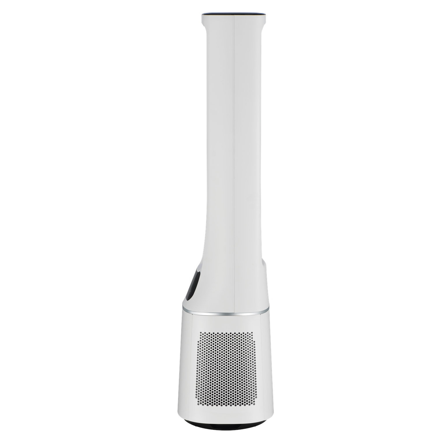 Witte luchtreiniger, hoog en cilindrisch, met een geperforeerd onderste gedeelte en een display.