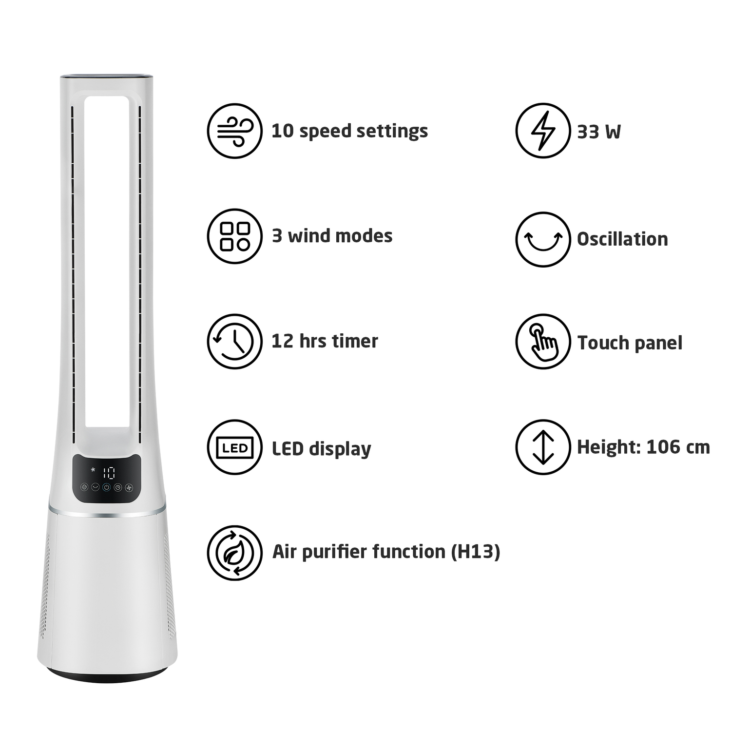 Witte torenventilator met pictogrammen voor 10 snelheden, 3 standen, timer, aanraakscherm, LED-display en luchtreiniger.