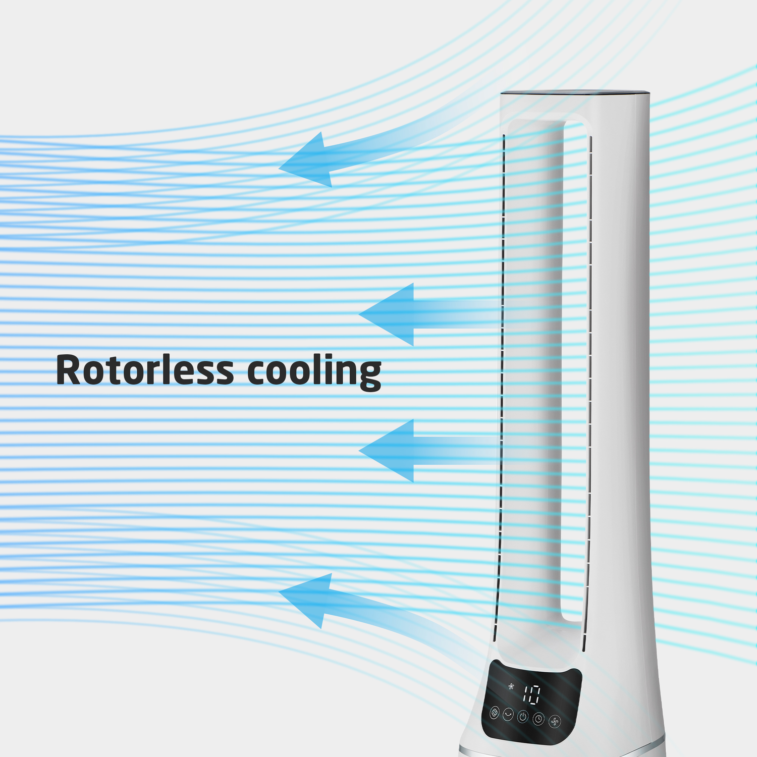 Witte torenventilator. Blauwe pijlen die de luchtstroom tonen.