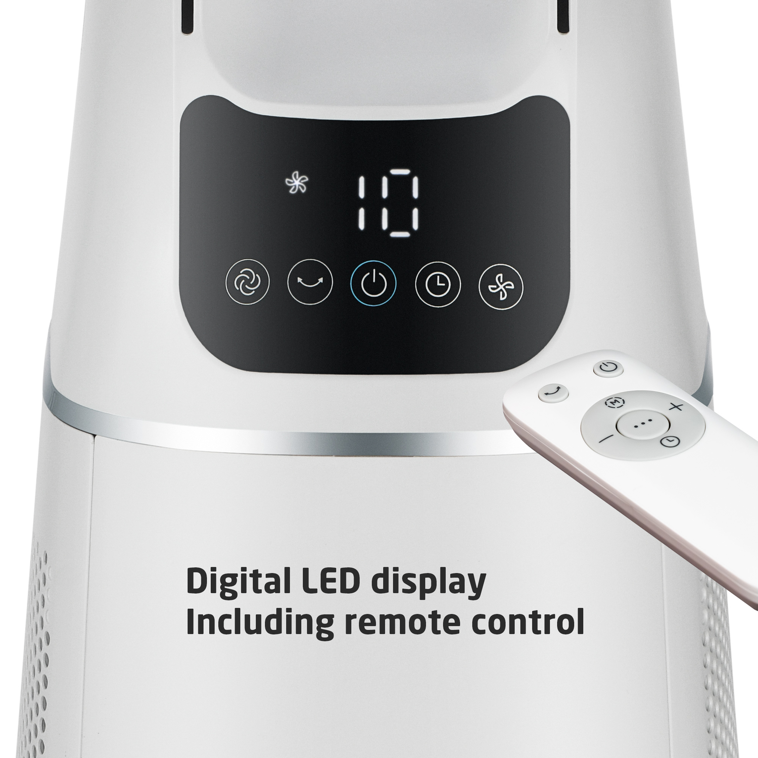 Witte ventilator met digitaal display en afstandsbediening, met het nummer 10.