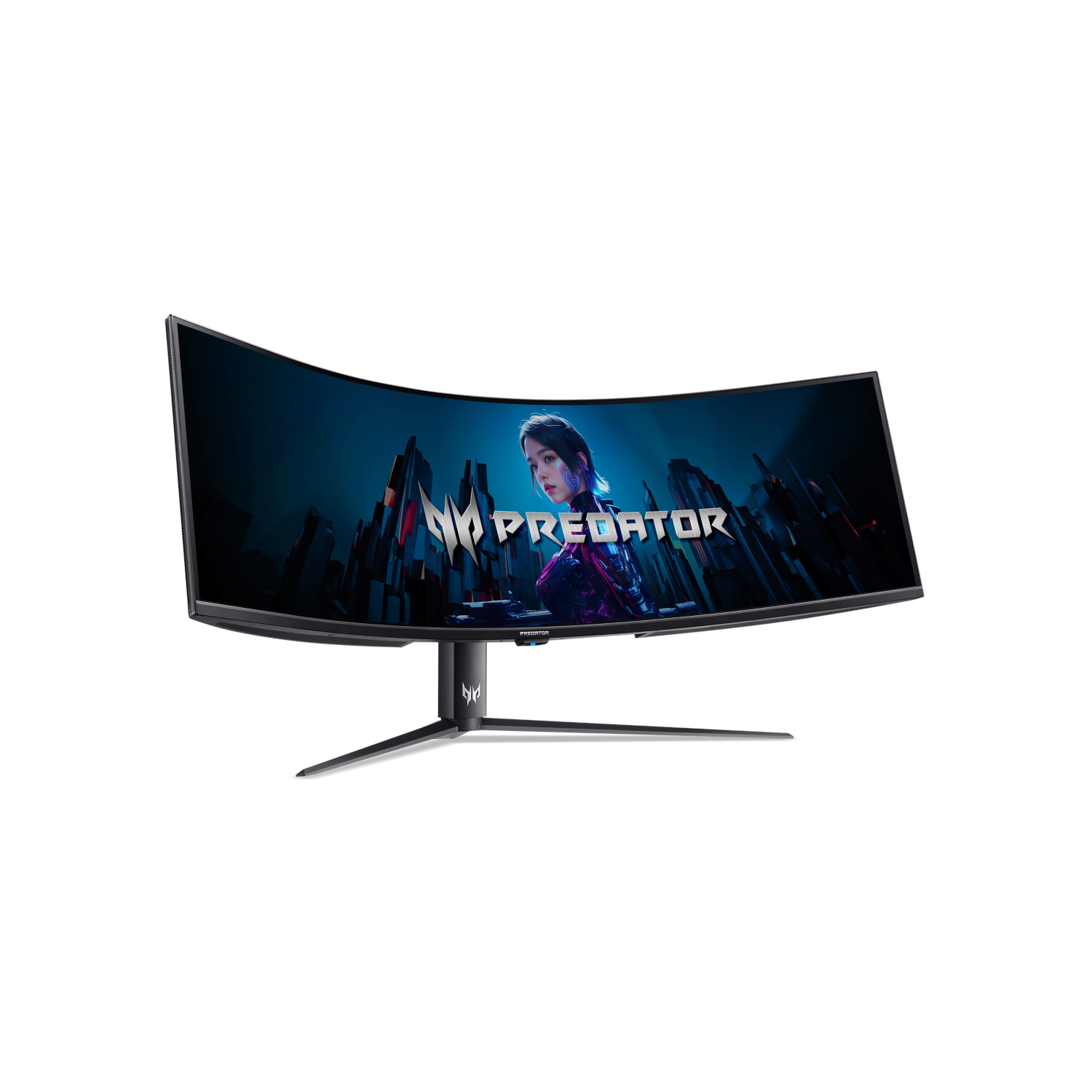 Curved gaming monitor with a scene from a game and the word PREDATOR on the screen.