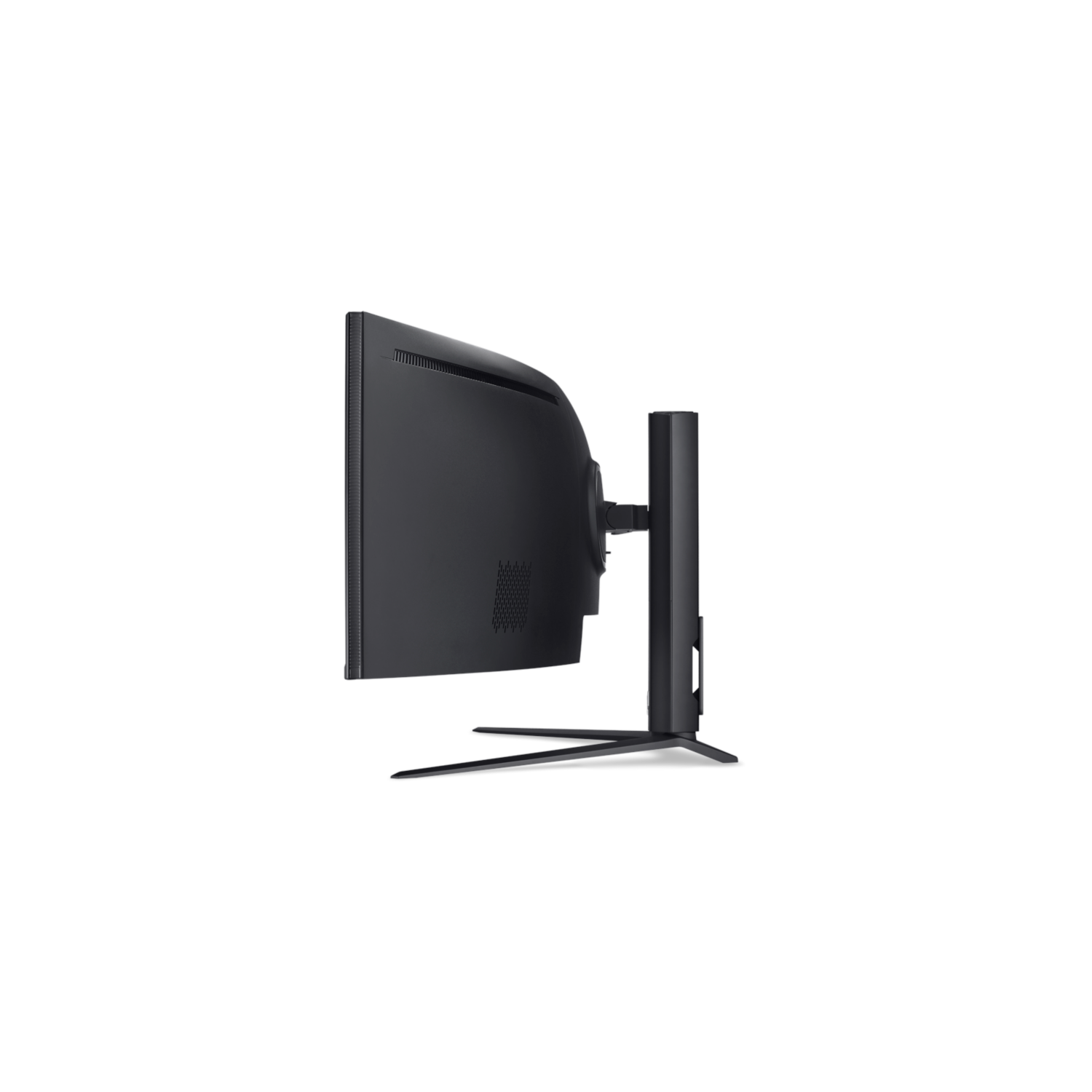 A side view of a black monitor with a curved screen. The monitor is on a white background.