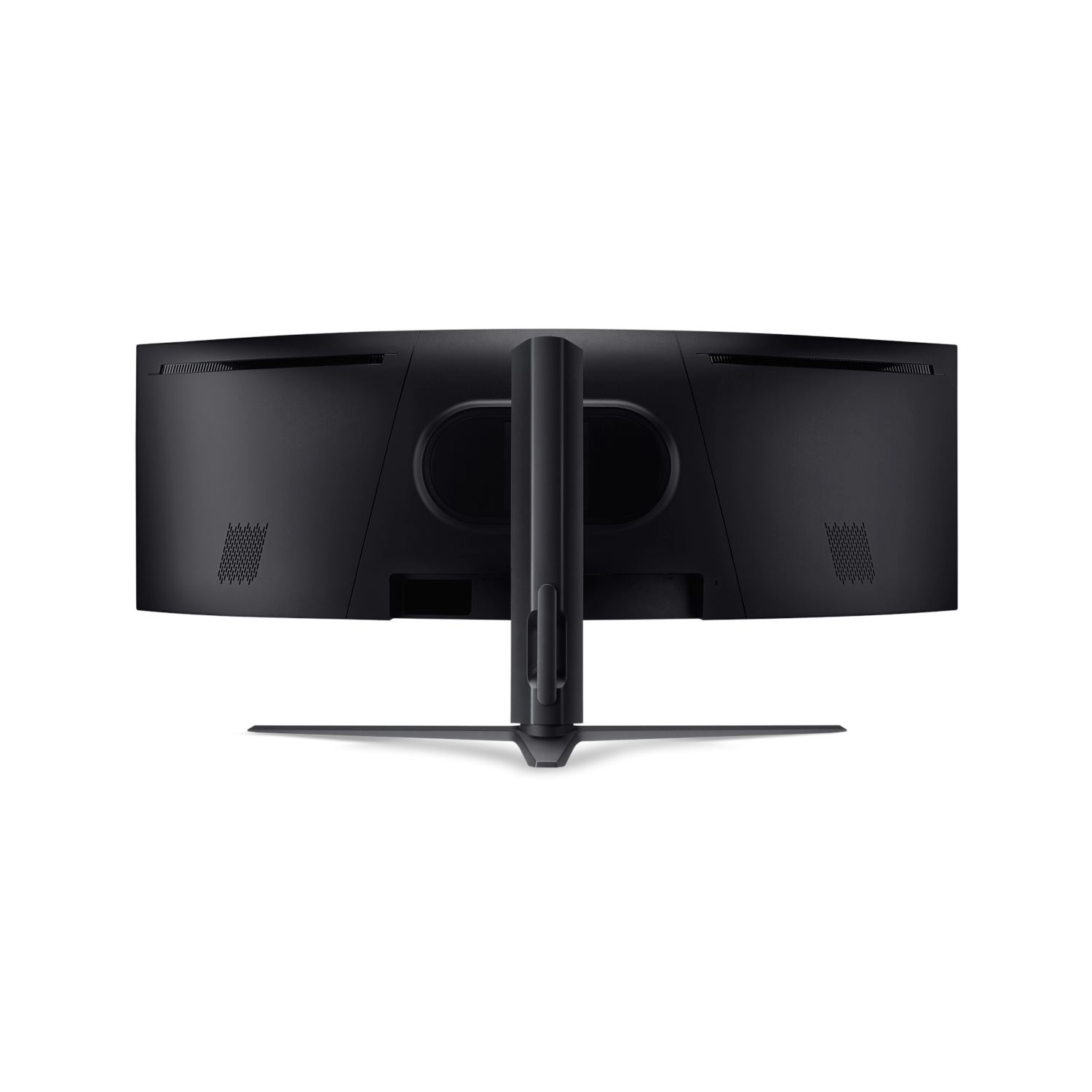 Black curved monitor back with stand. Multiple vents and ports are visible.
