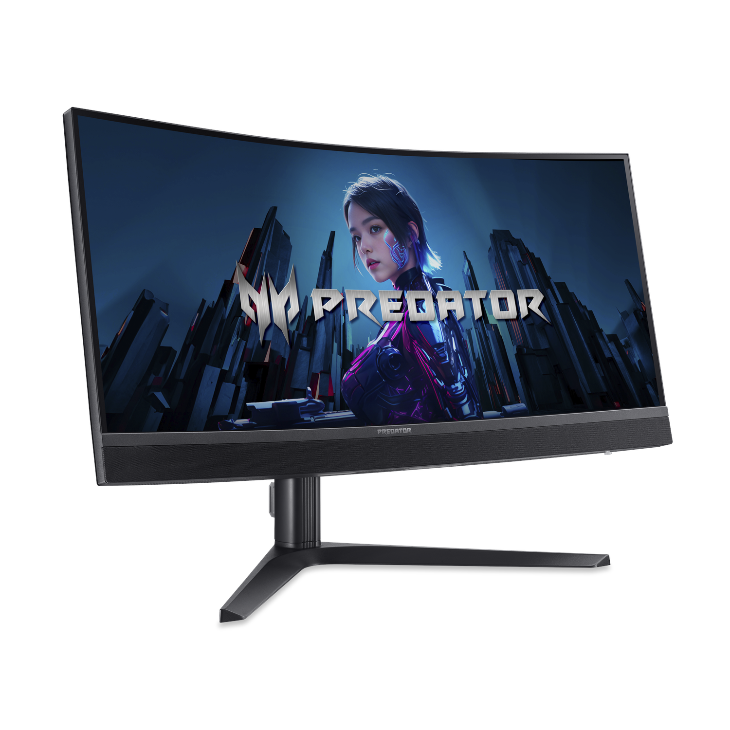 Een gebogen Predator-monitor met een vrouw op een donkere achtergrond.