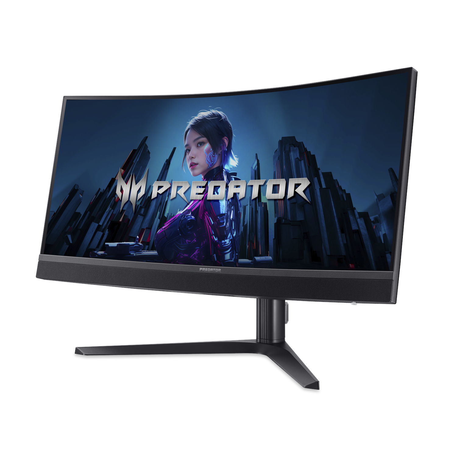 Een gebogen gamingmonitor met een game scene. Zwart met een standaard. Het Predator logo is zichtbaar.