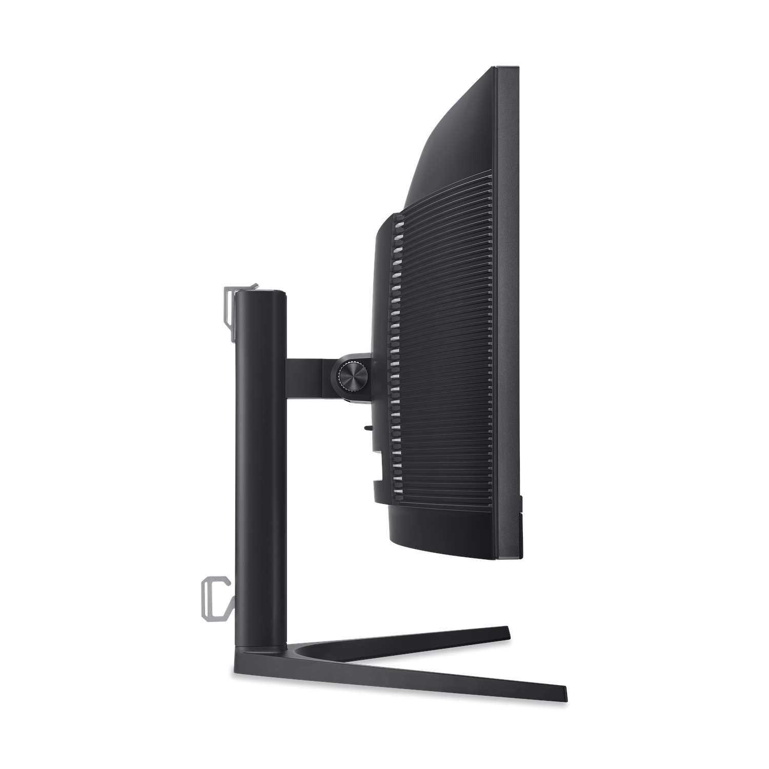 Zijaanzicht van een zwarte computermonitor, witte achtergrond.