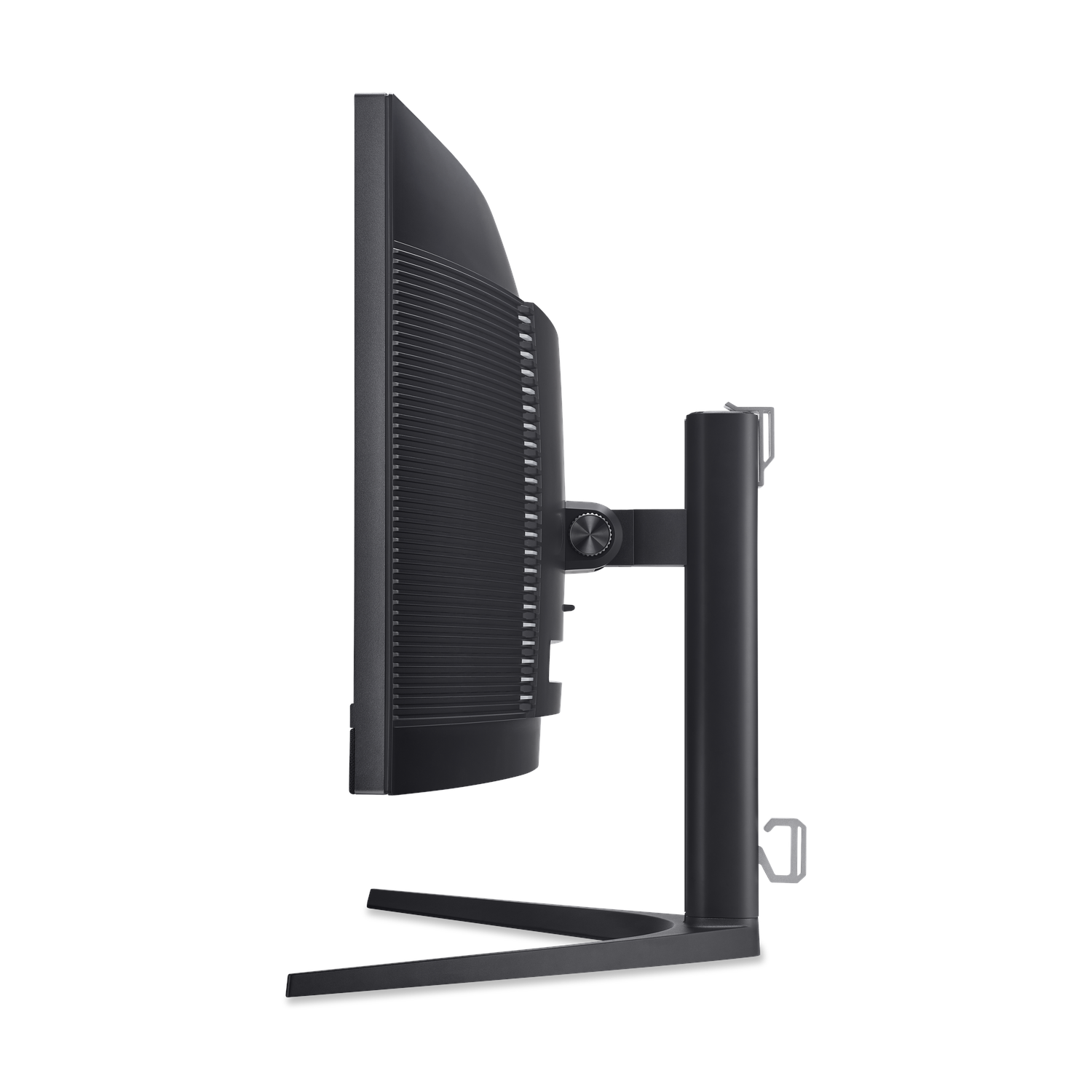 Zijaanzicht van een zwarte computermonitor op een zwart statief.
