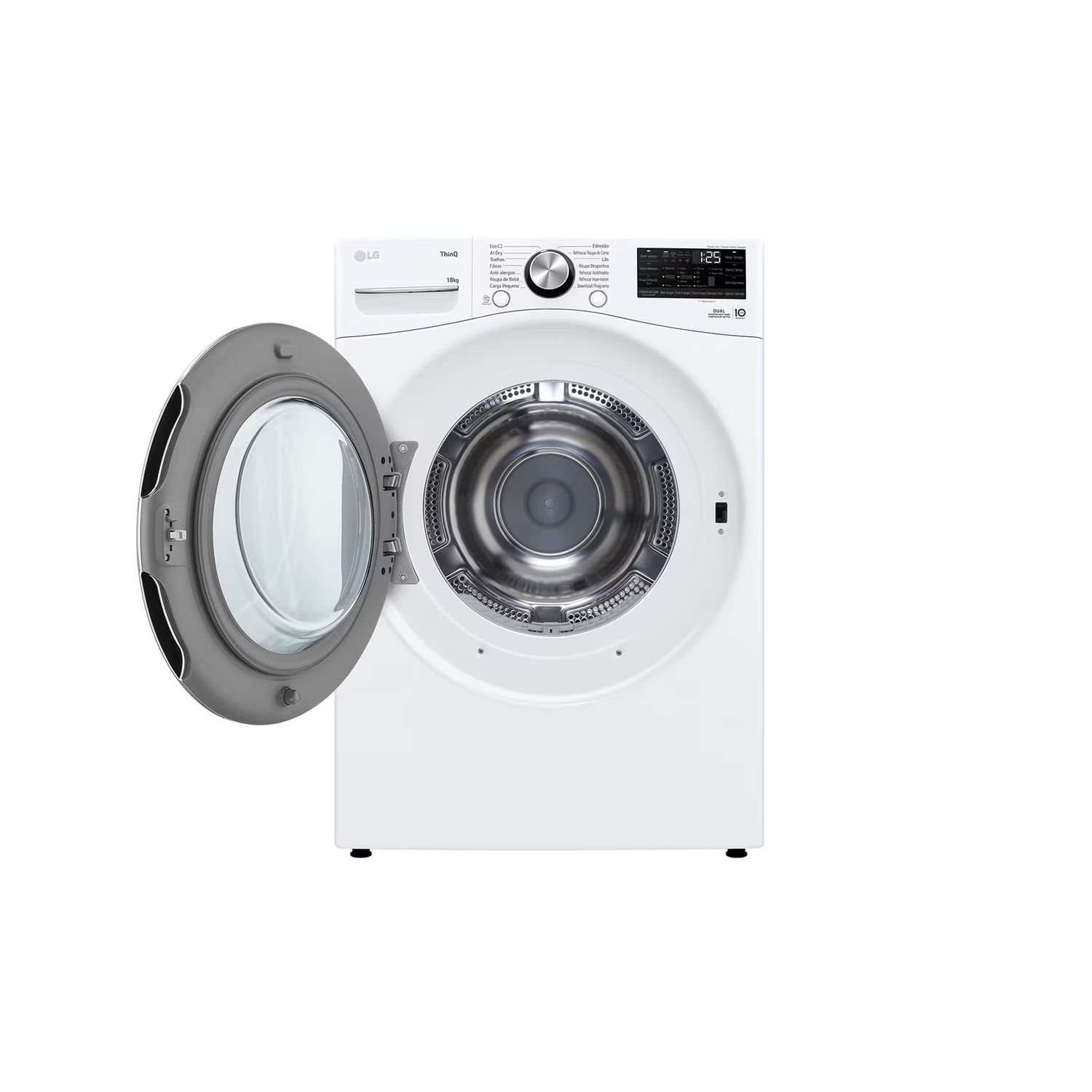 A white washing machine with the door open, showing the inside drum and controls.