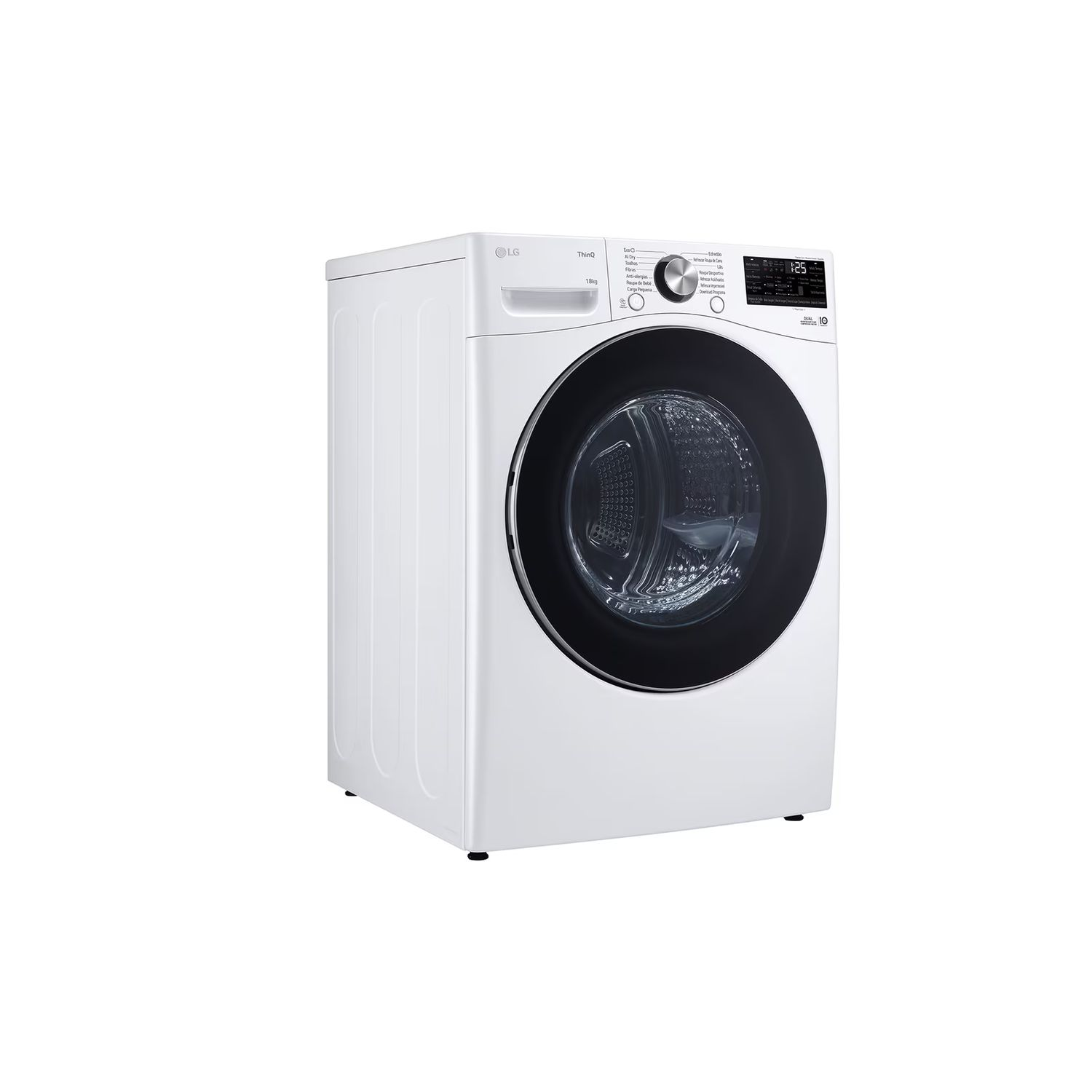 White LG washing machine with a black door on a white background.