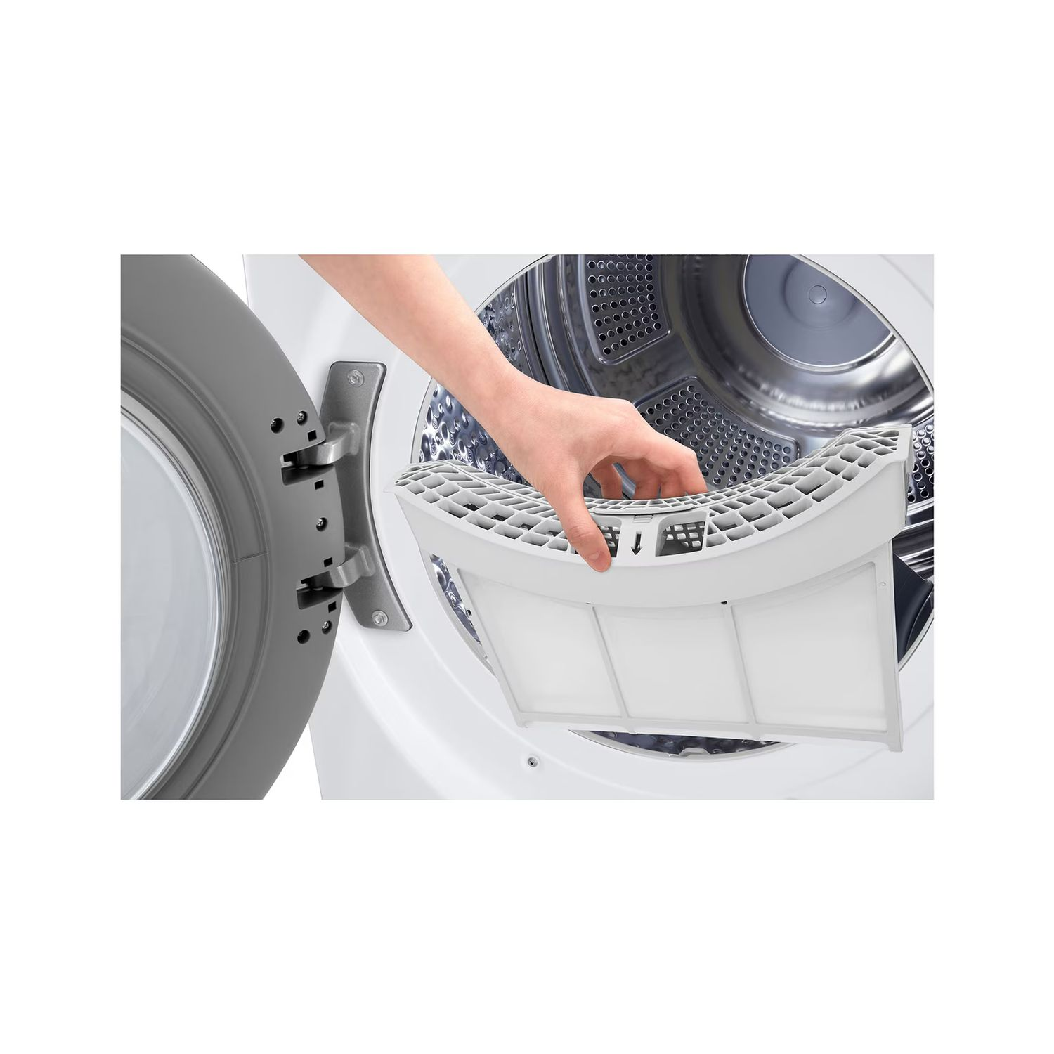 A hand is removing a filter from a washing machine.