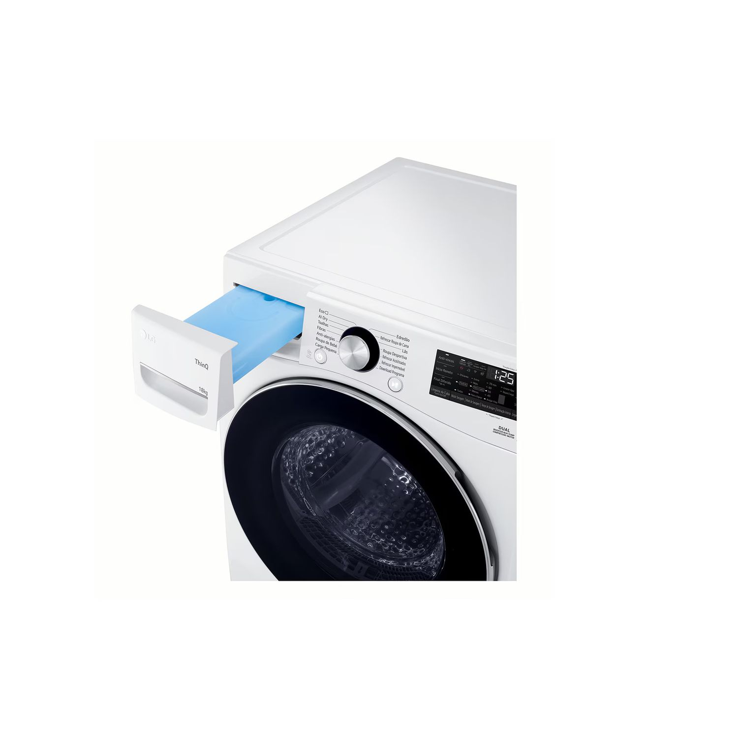 A white washing machine with the detergent drawer open. Black drum, control panel on top.