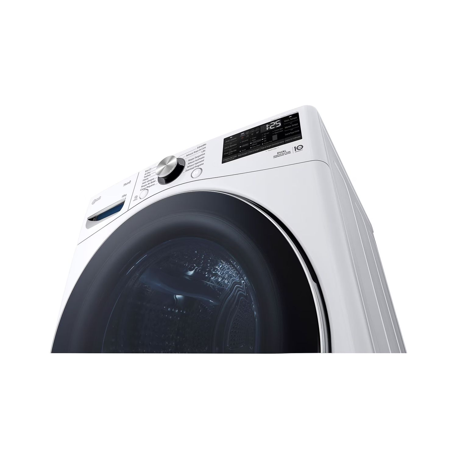 A white washing machine, slightly angled, with the door closed.