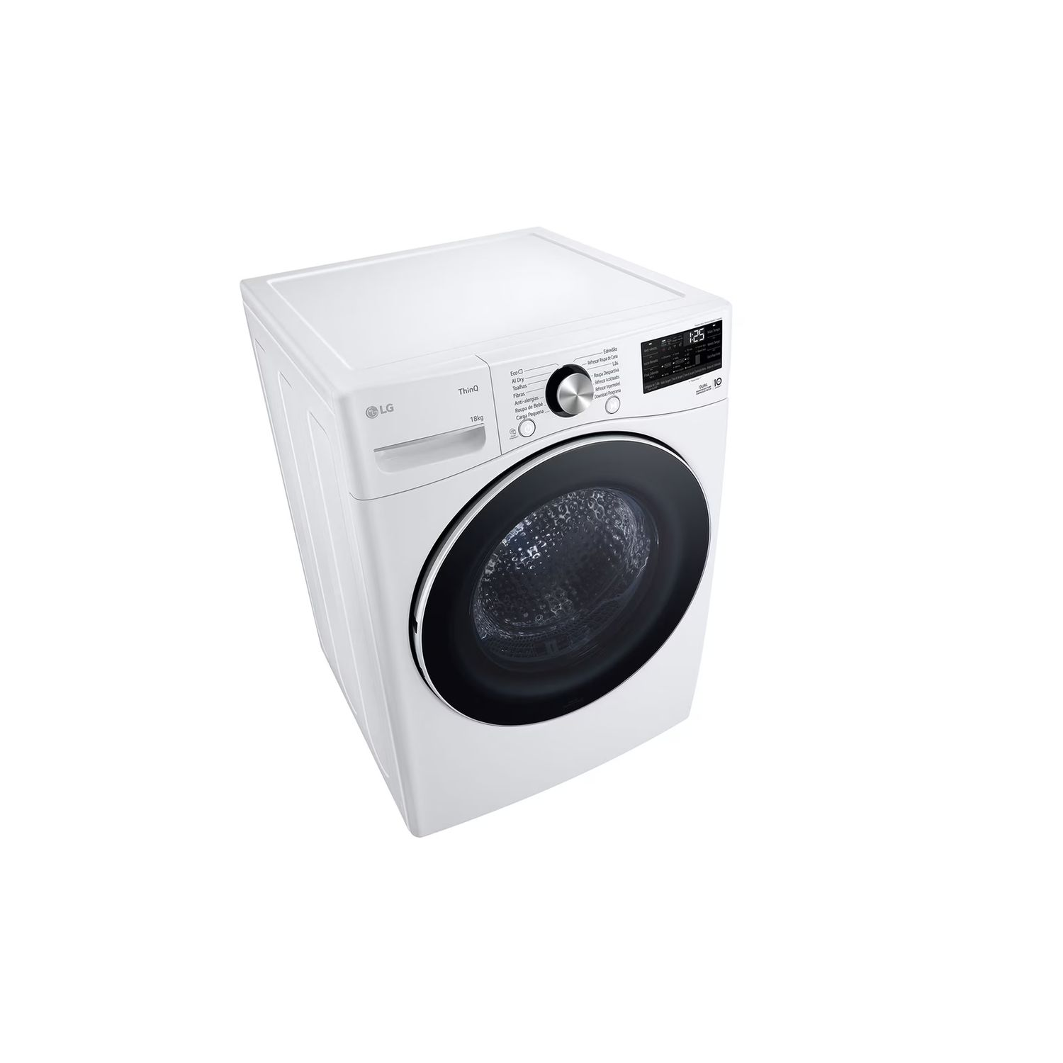 White LG washing machine, top view, with control panel and black door.