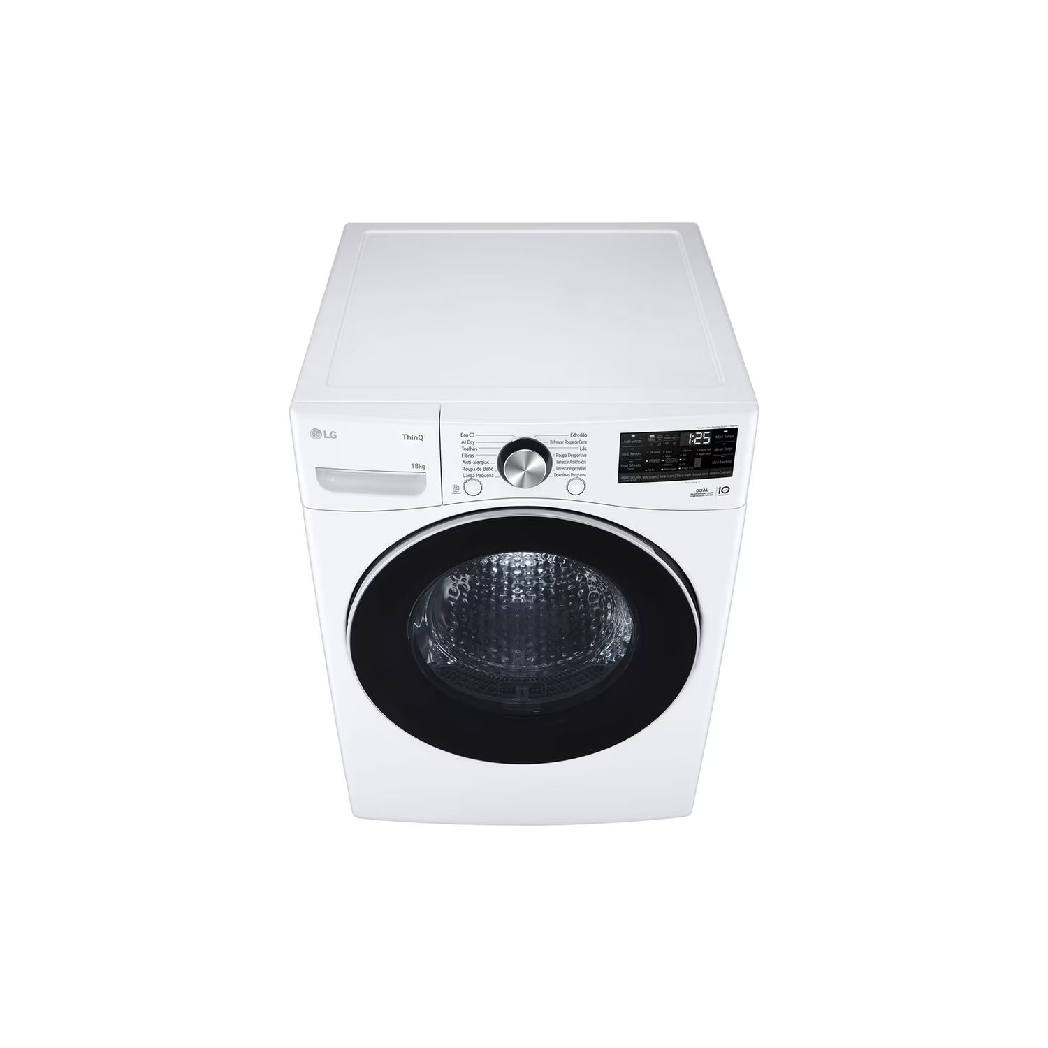 A white LG washing machine, top view, isolated on white.