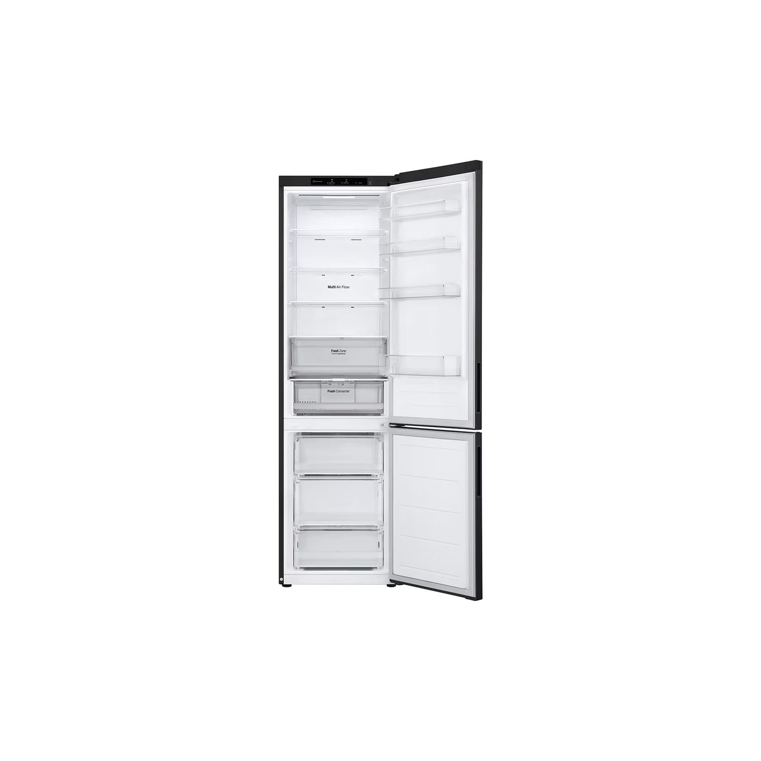 Zwarte LG koelkast met open deur. Interne planken en laden zichtbaar.