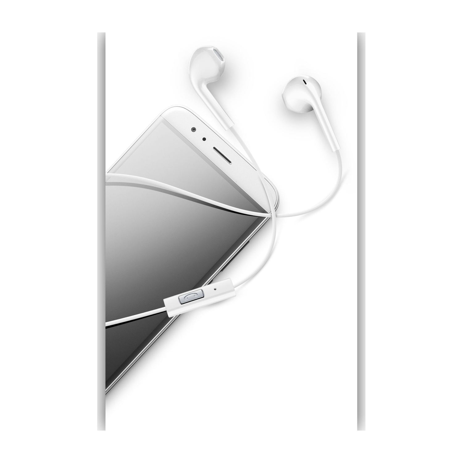 Uno smartphone bianco con auricolari su una superficie bianca.