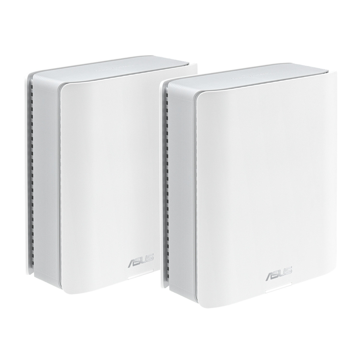 Deux appareils WiFi mesh ASUS blancs et rectangulaires, chacun avec le logo ASUS en bas.