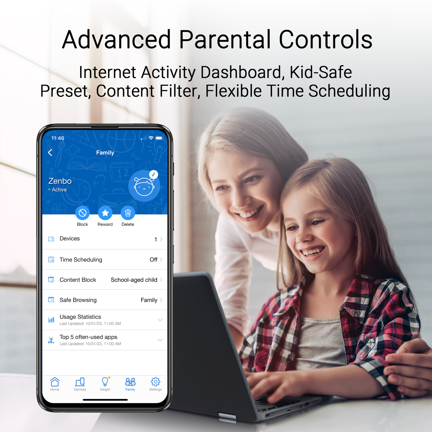 Une femme et une fille regardant un téléphone, sur un écran avec l'interface d'une application de contrôle parental.