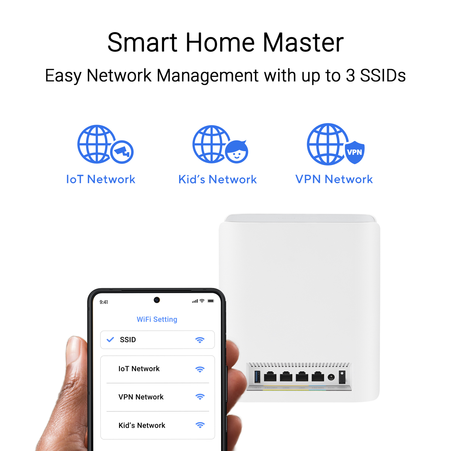Configuration de maison intelligente, avec un téléphone affichant les paramètres WiFi et un routeur.