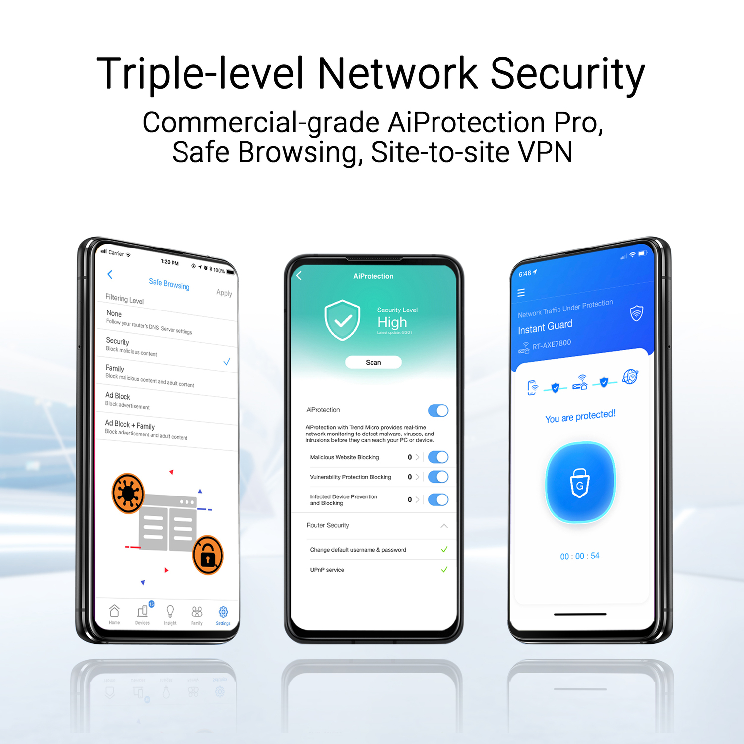 Trois smartphones affichant des interfaces de sécurité réseau avec des icônes et du texte.