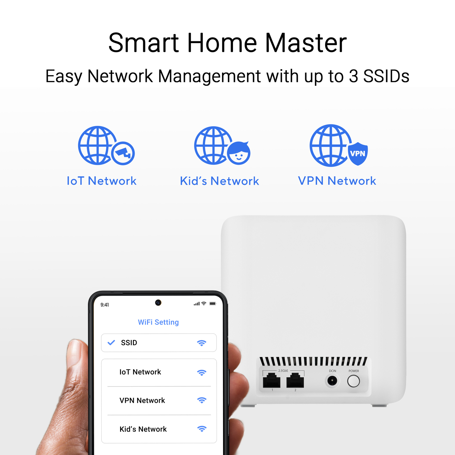 L'image montre un écran de smartphone avec des paramètres WiFi et un routeur avec trois icônes réseau.