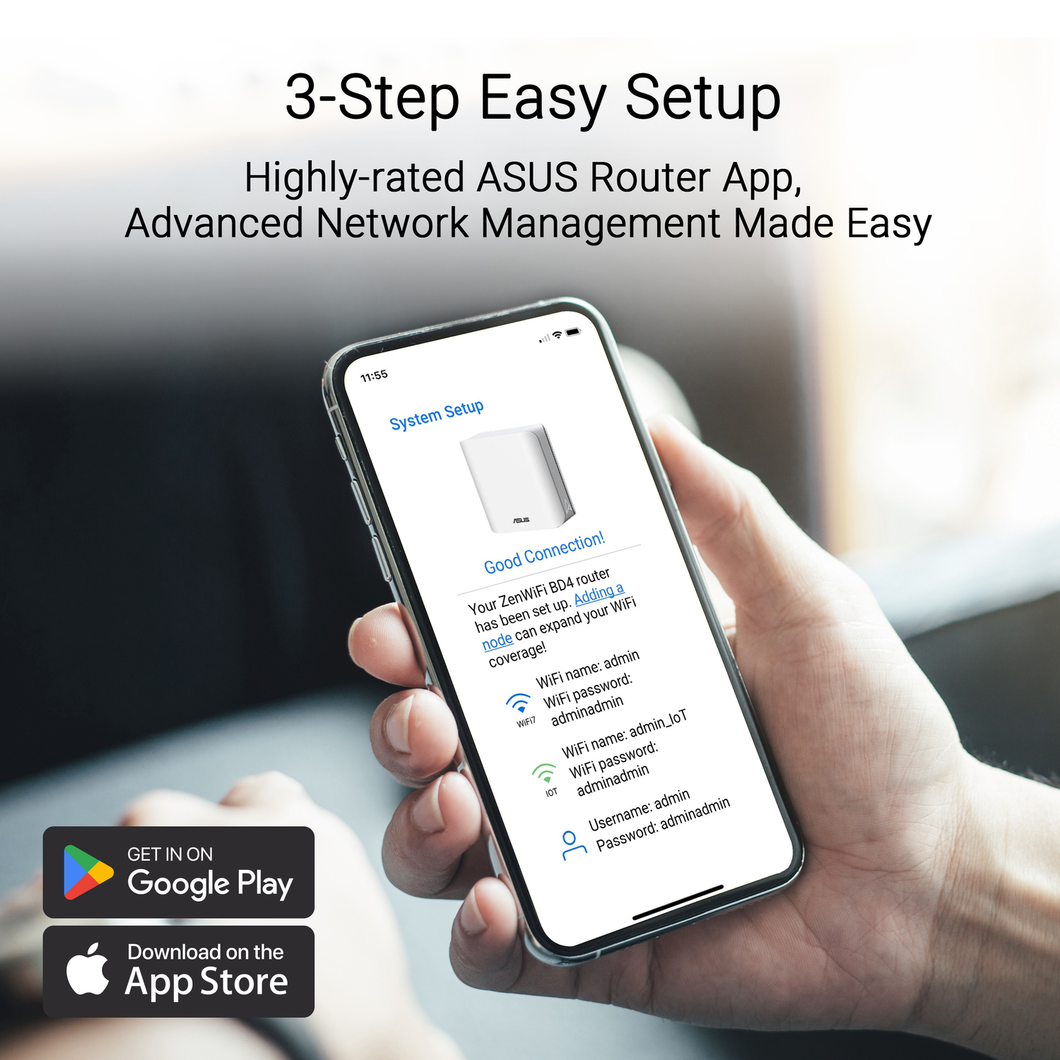 Main tenant un smartphone montrant l'application de configuration du routeur ASUS avec connexion.
