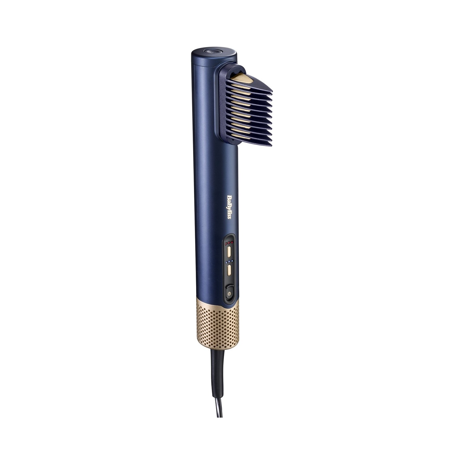 Een blauw-gouden haarstylingborstel met een snoer. Hij heeft een handvat met knoppen.
