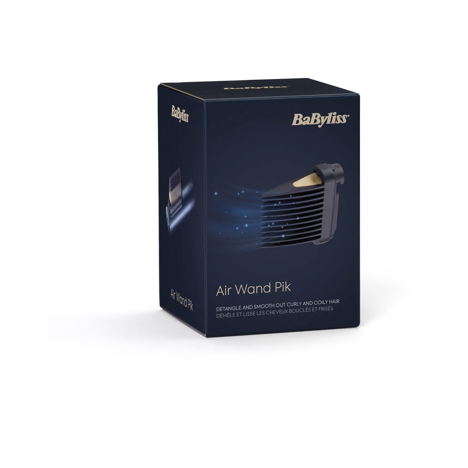 Een doos van de Babyliss Air Wand Pik, met een diagram van het apparaat, tegen een witte achtergrond.