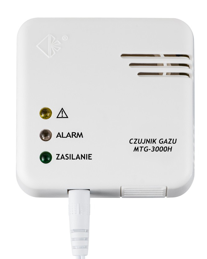 Biały detektor gazu z lampką alarmową, lampką zasilania i wtyczką.